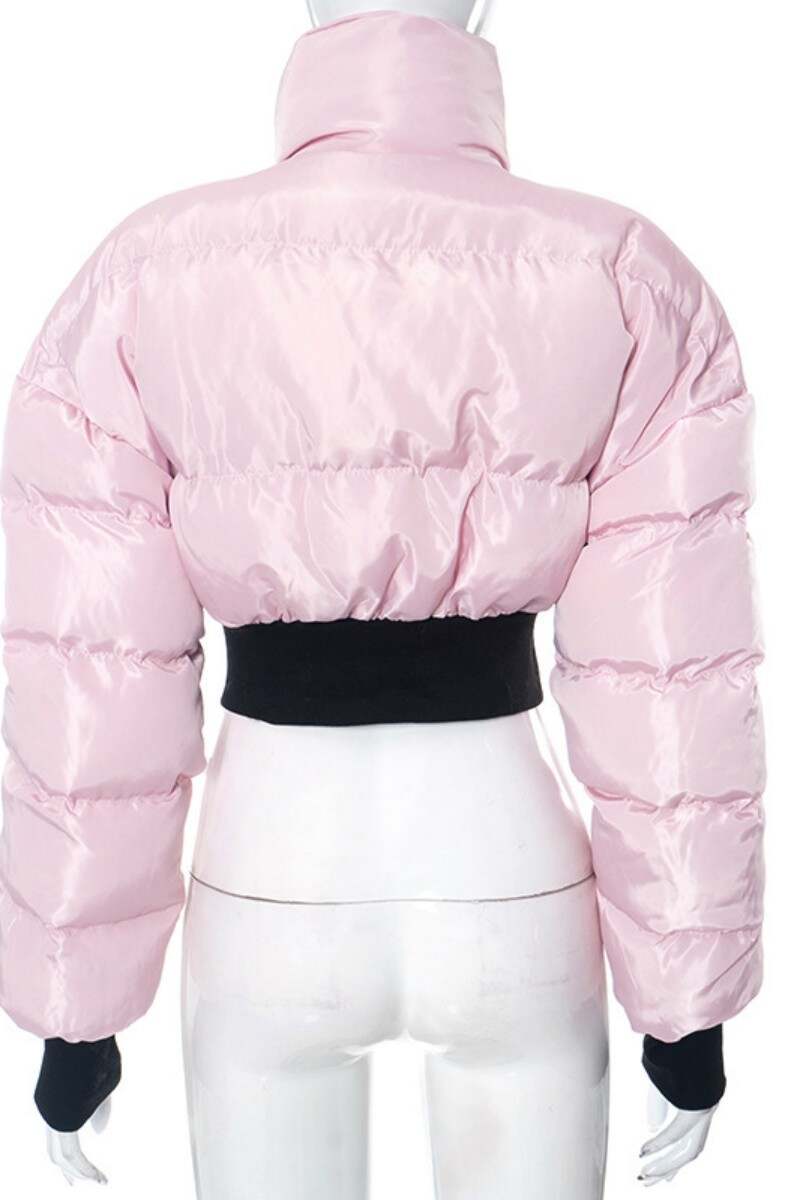 Pink Casual Solid Patchwork Mandarin Collar Outerwear