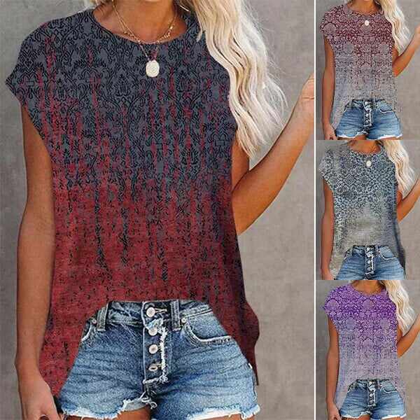 Short Sleeve Printed Crew Neck Summer Top