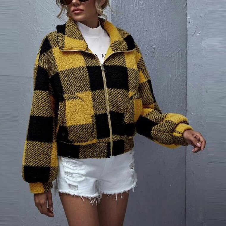 Lapel Cardigan Plaid Literary Street Hipster Yellow