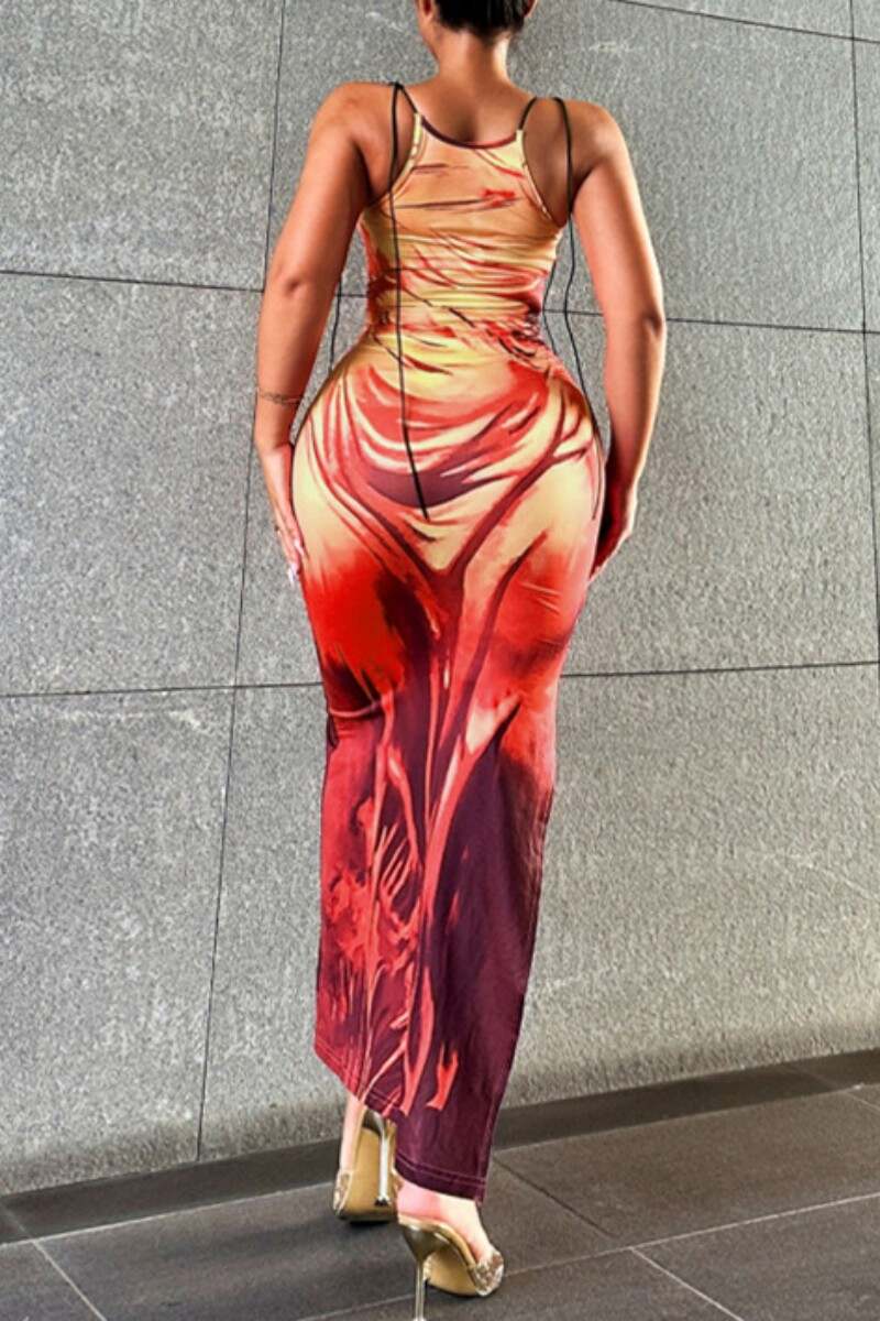 Red Sexy Casual Print Backless Slit Spaghetti Strap Long Dress Dresses