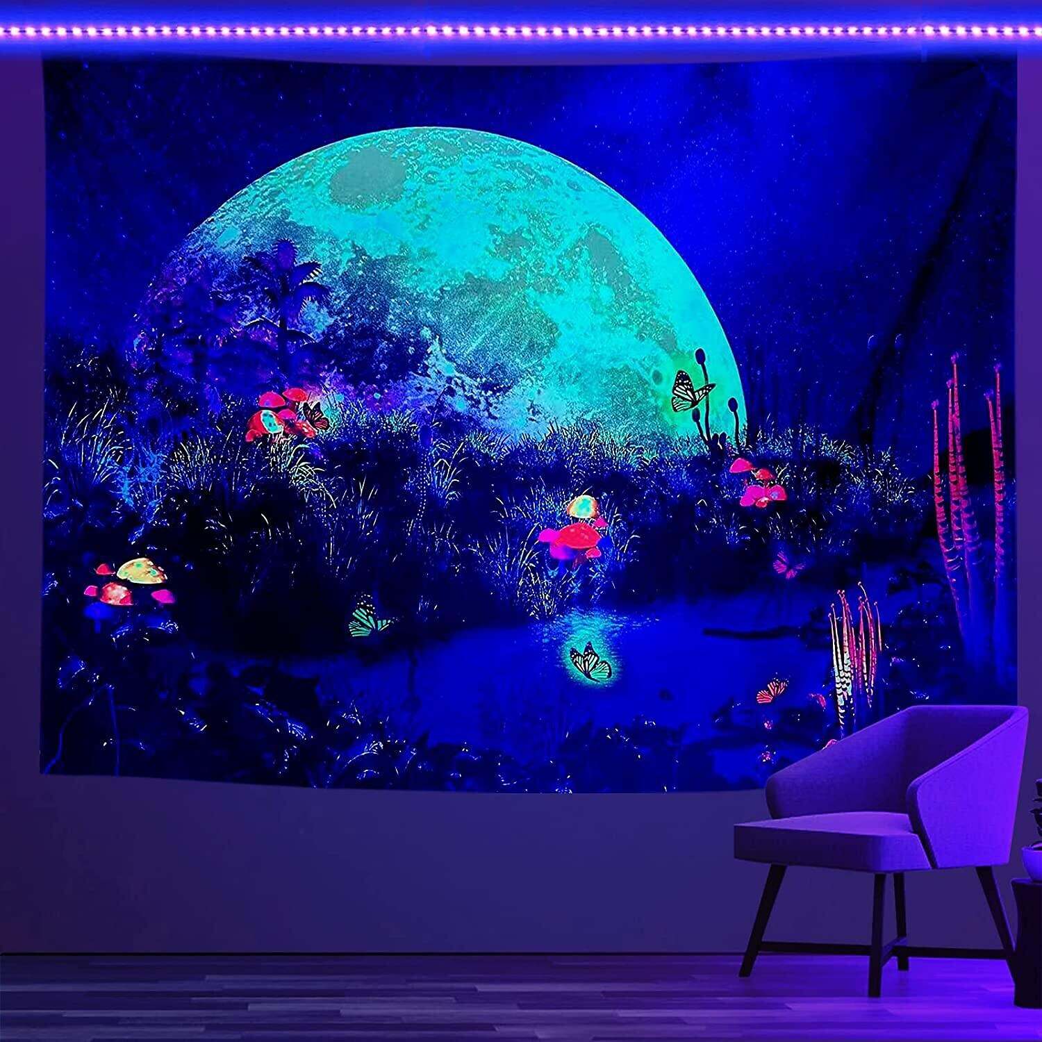 Blacklight Tapestry UV Reactive Trippy Misty Moon Butterfly