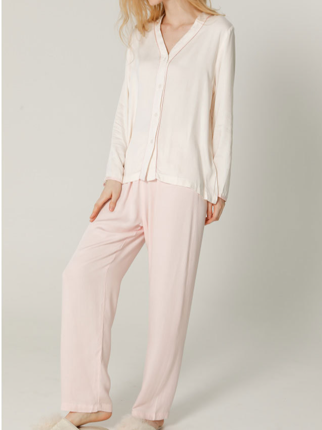 Satin Vacation Plain Loose Long Sleeve Pajama Set