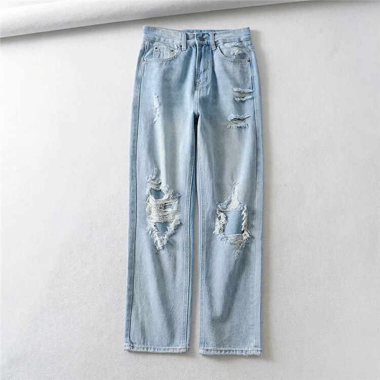 Light Blue denim Ripped Straight Leg Pants Women