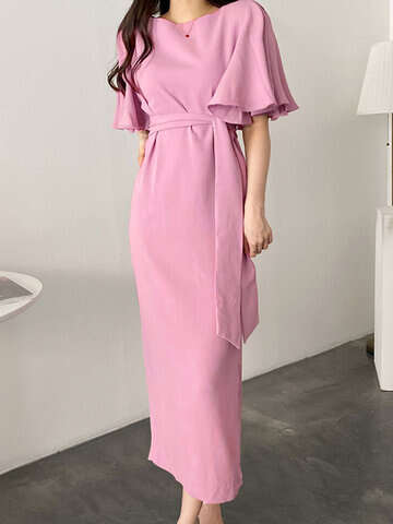 Women Casual Dresses | Solid Bell Sleeve Belt V-neck Casual Dress For Women - AM18598