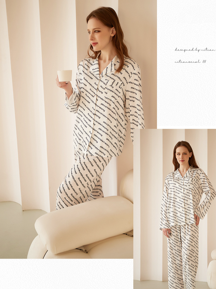 Elegant Ice Silk V Neck Loose Long Sleeve Pajama Set