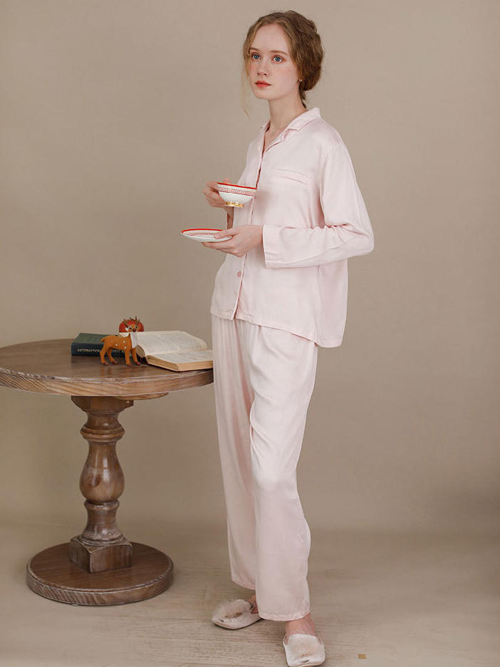 Shawl Collar Plain Elegant Long Sleeve Pajama Set