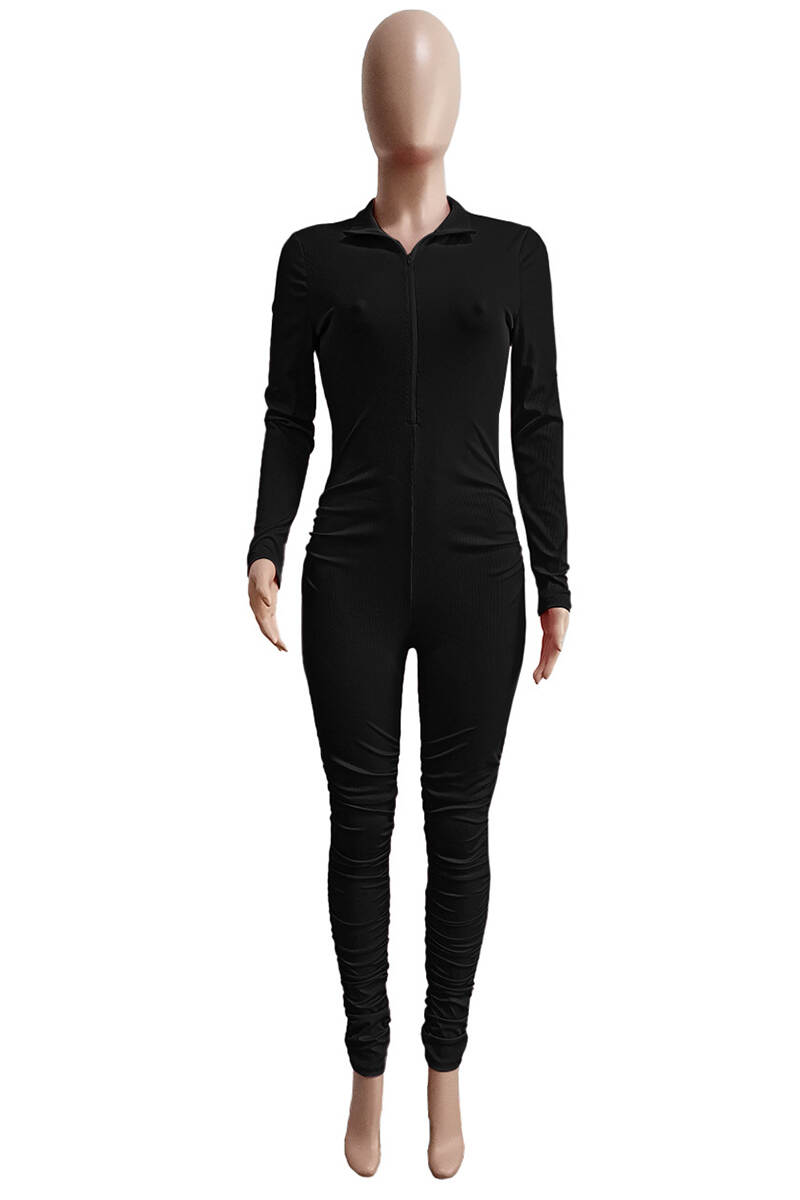 Black Casual Solid Fold Zipper Collar Skinny Jumpsuits