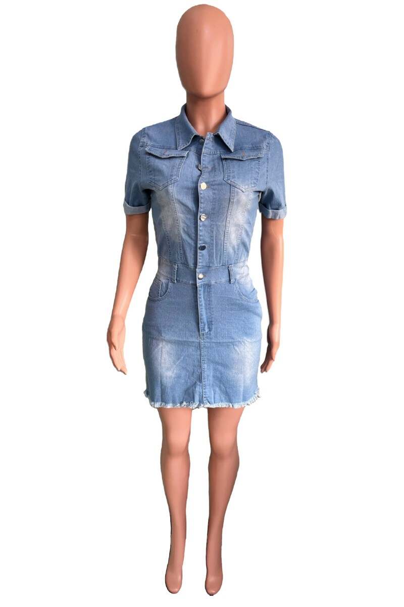 Sky Blue Casual Solid Patchwork Turndown Collar Short Sleeve Skinny Denim Dresses