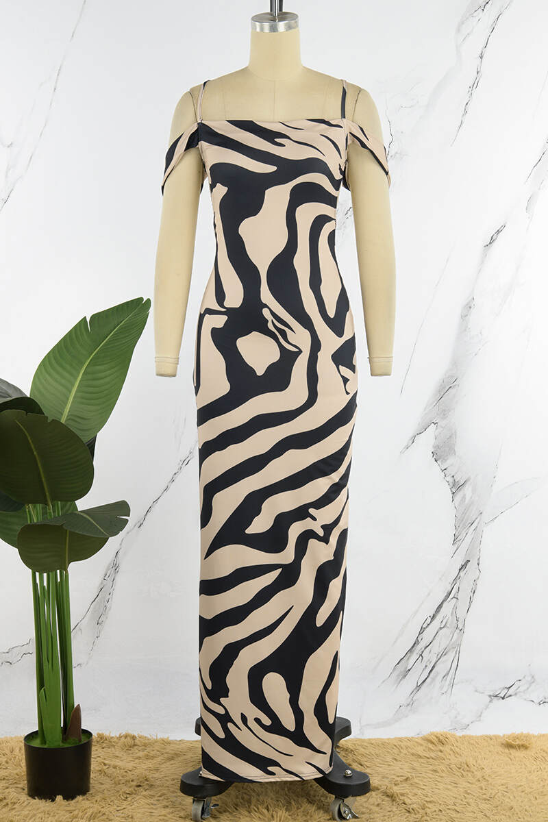 Zebra Sexy Print Backless Spaghetti Strap Long Dress Dresses