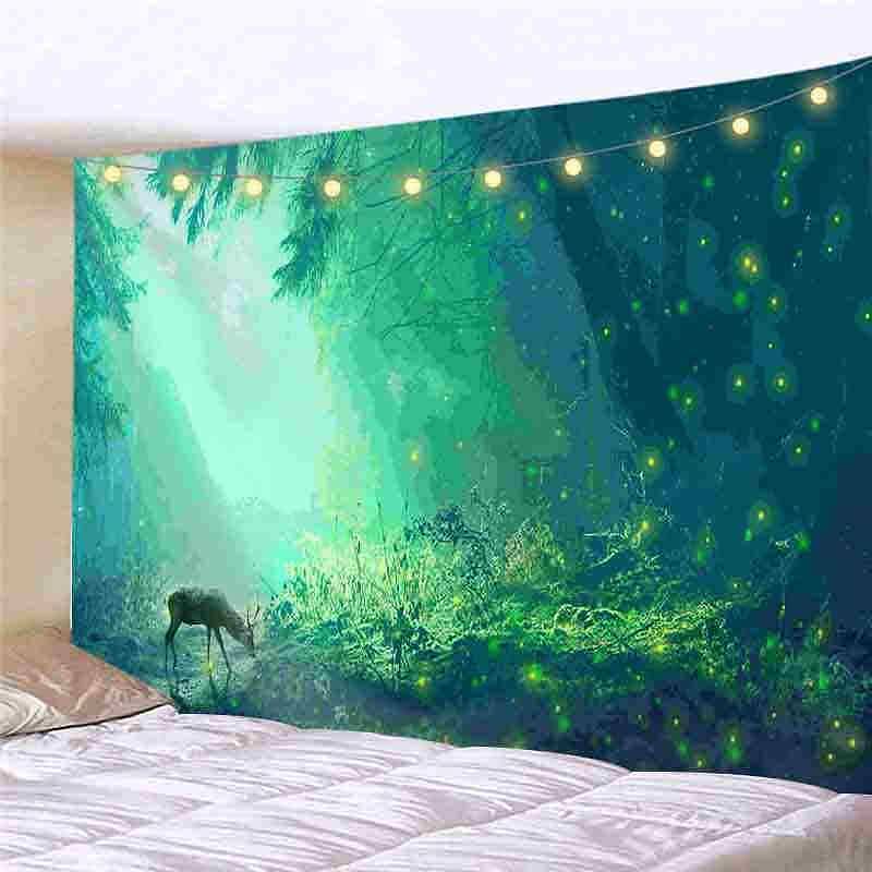 Landscape LED Lights Wall Tapestry Art Decor Forest Reindeer Print