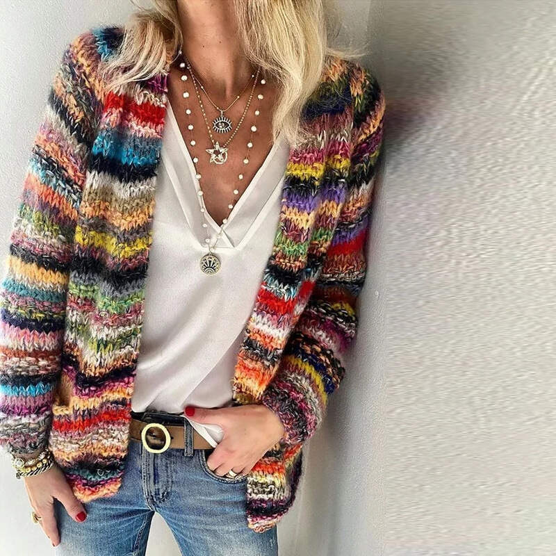 Knitted Women's Rainbow Stripe Sweater Jacket