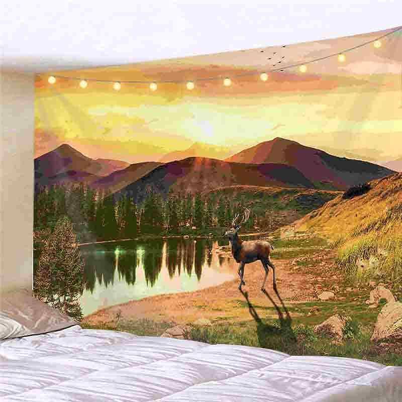 Landscape LED Lights Wall Tapestry Art Decor Waterfall Sunsetn Print