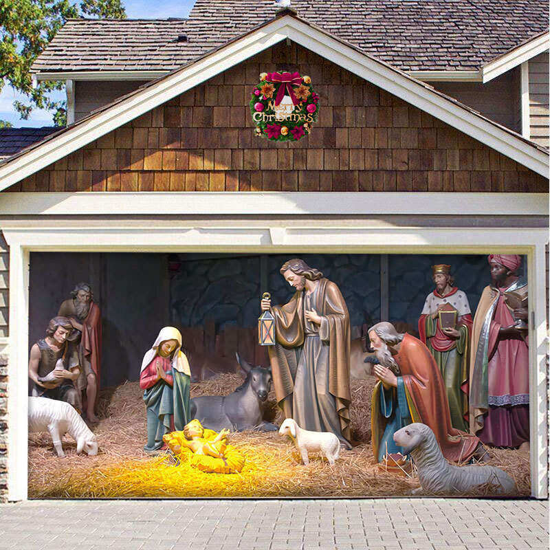 Nativity Scene Garage Door Banner, Christmas Mural for Double Garage D