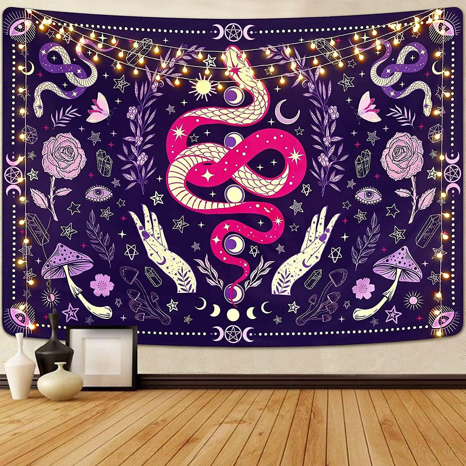 Trippy Snake Wall Tapestry Art Decor Mushroom Moon Phase