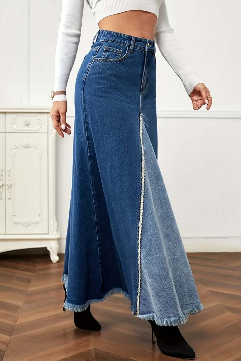 Deep Blue Casual Patchwork Contrast High Waist Regular Denim Skirts