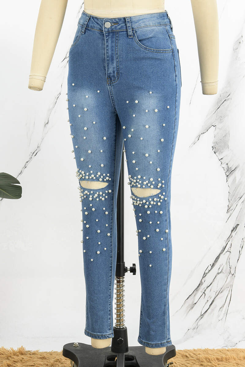 Medium Blue Casual Patchwork Ripped Beading High Waist Skinny Denim Jeans (Subject To The Actual Object)