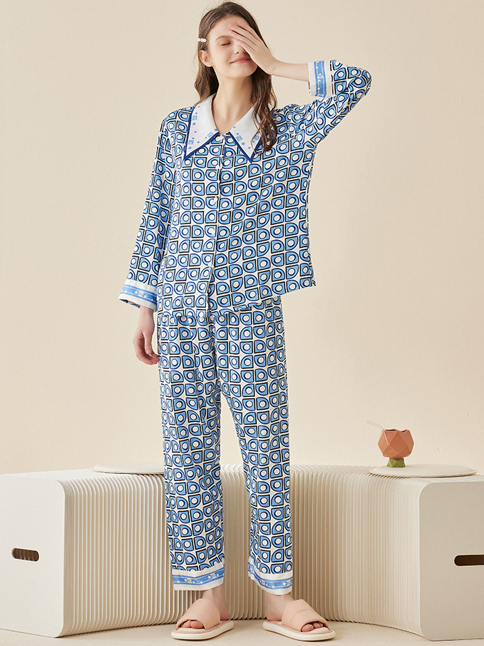 Geometric Print Ice Silk Couple Long Sleeve Pajamas Set