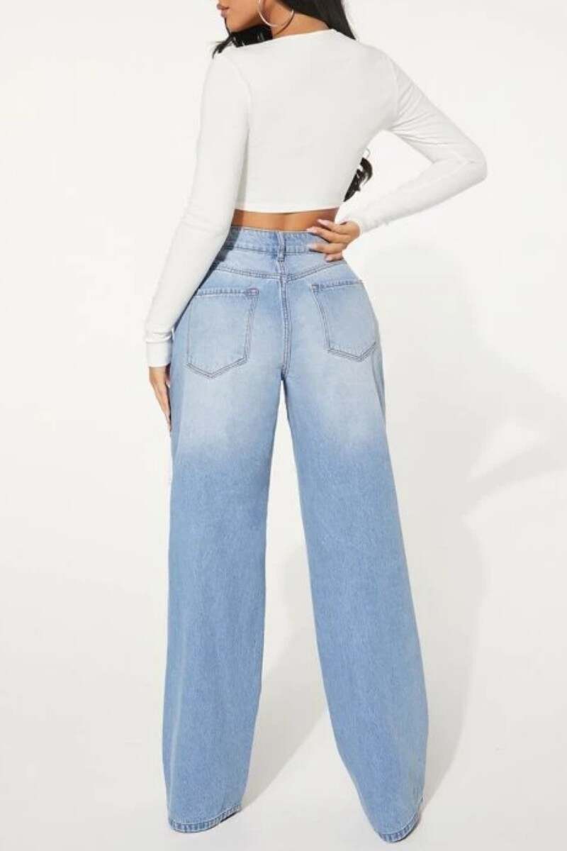 Baby Blue Casual Solid Ripped High Waist Straight Denim Jeans (Subject To The Actual Object)