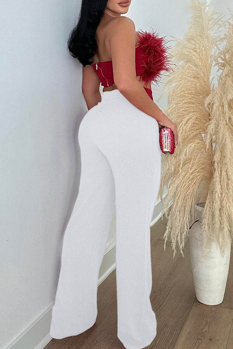 Red Casual Solid Basic Regular High Waist Conventional Solid Color Trousers