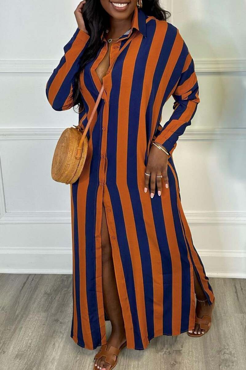 Orange Casual Striped Print Patchwork Turndown Collar Shirt Dress Dresses