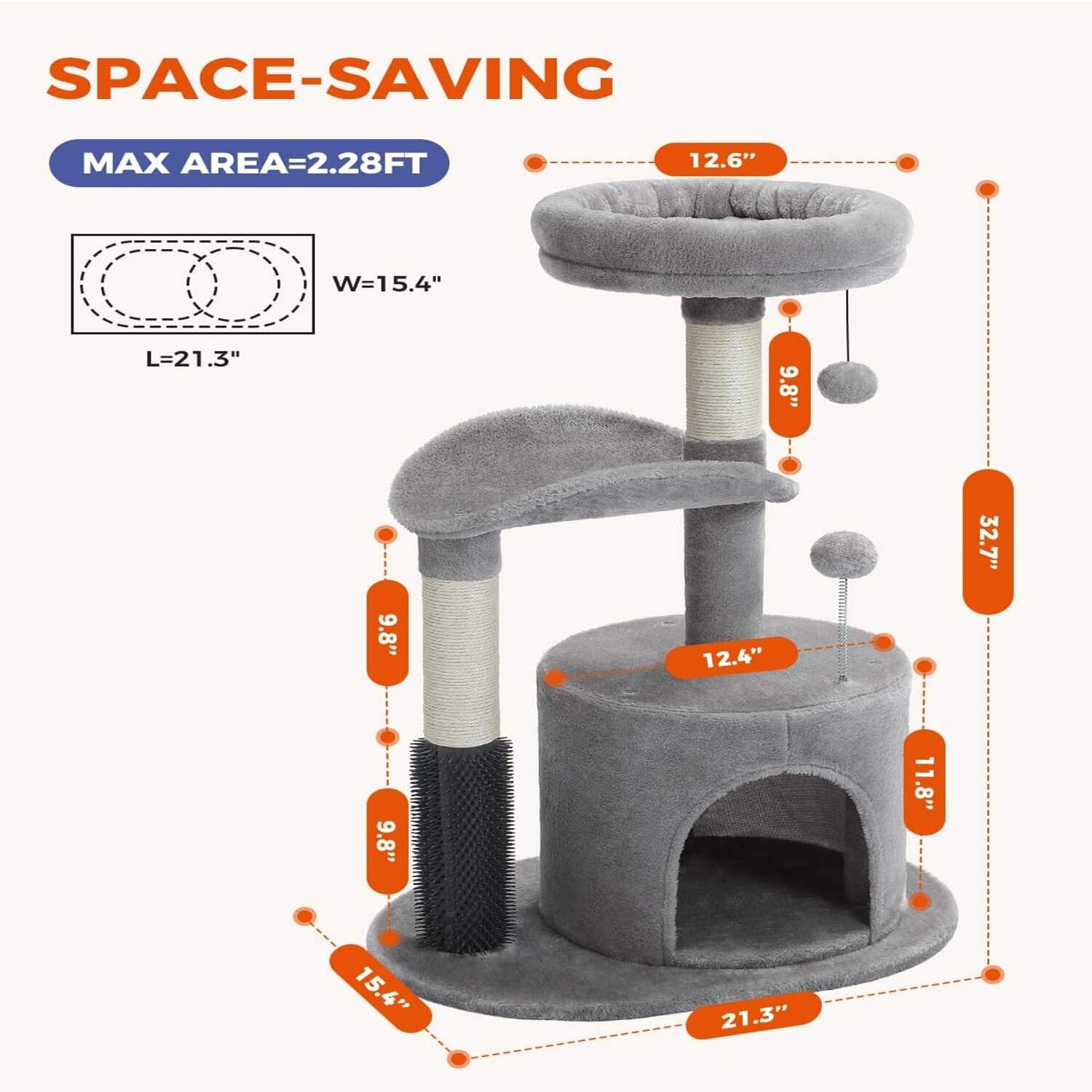 Indoor cat's kitten tree, medium-sized cat tower with interactive cat toys, 32.7-inch cat apartment with self grooming brush, natural cat catching pole, rocking ball for small and medium-sized cats