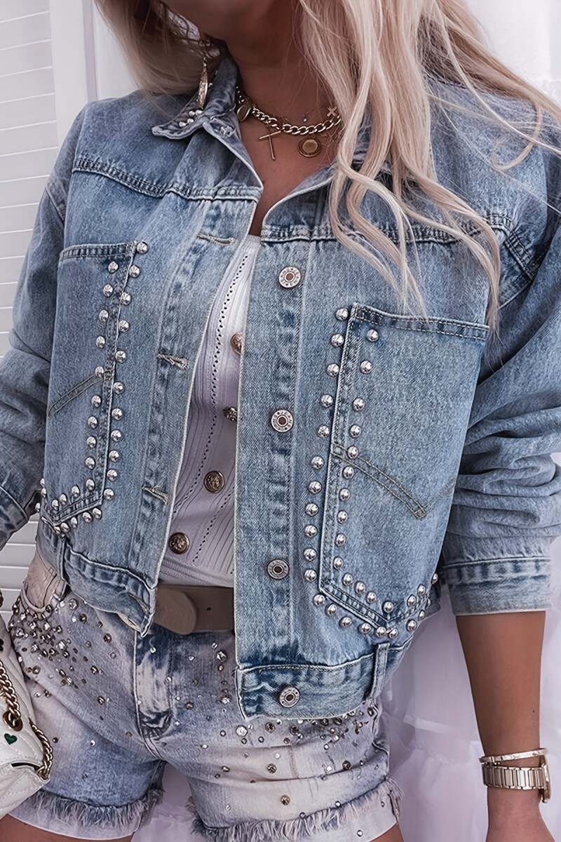 Light Blue Casual Patchwork Rivets Turndown Collar Long Sleeve Regular Denim Jacket