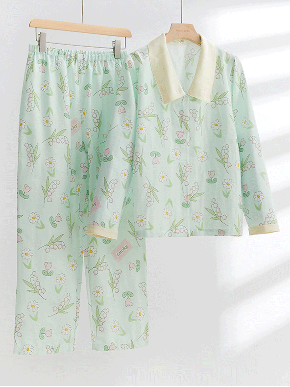 Simple Regular Long Sleeve Floral Cotton Regular Fit Pajama Set