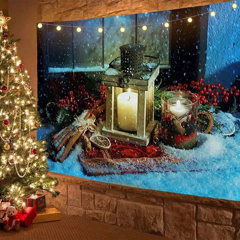 Christmas Decor LED Lights Wall Tapestry Snow Christmas Tree Print