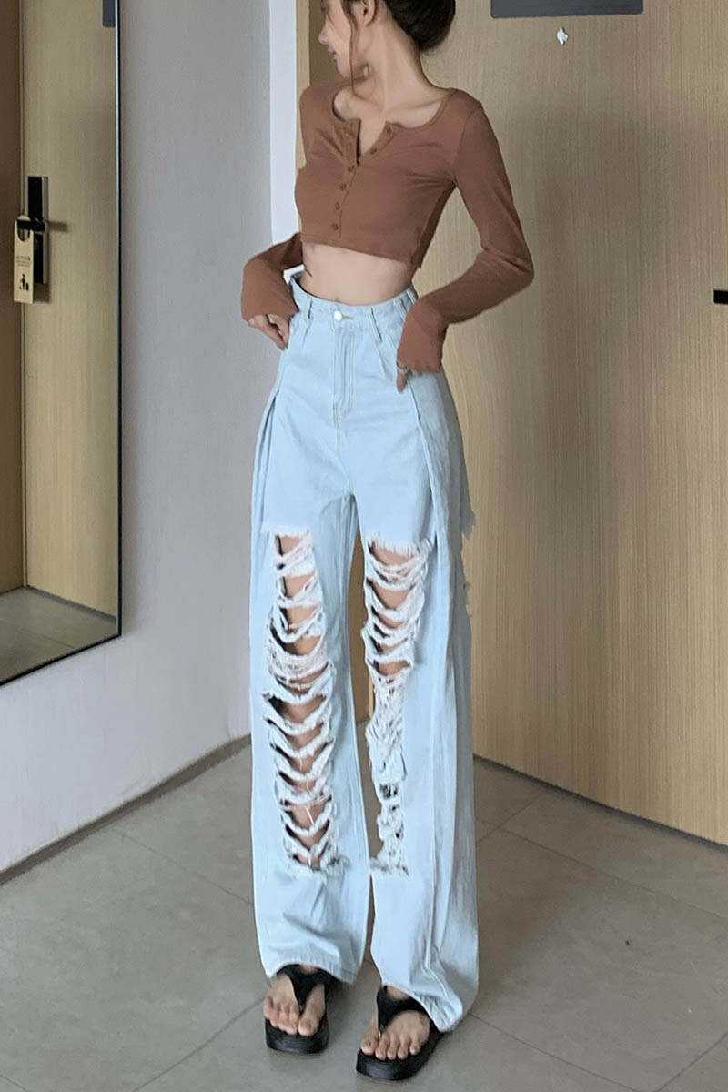 Ripped Straight Wide Leg Pants