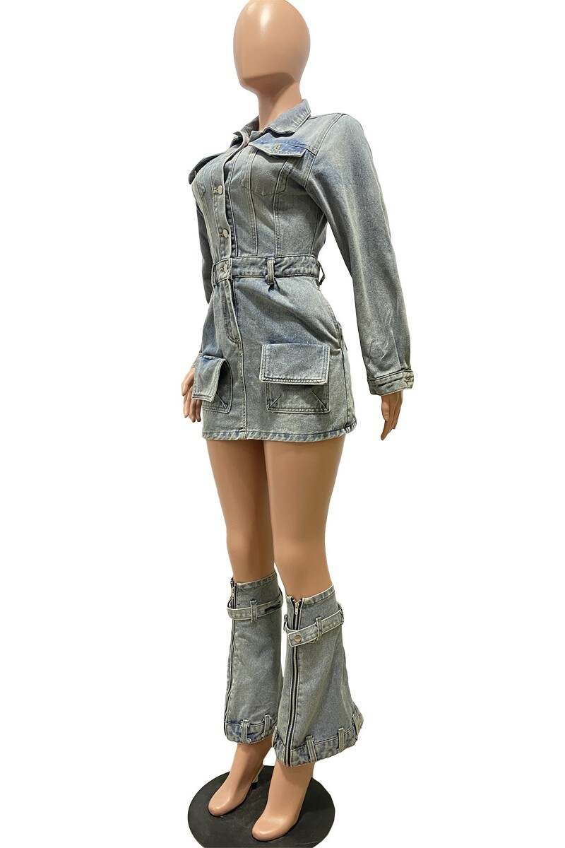 Blue Casual Solid Patchwork Turndown Collar Long Sleeve Regular Denim Dresses (With Pantyhose)