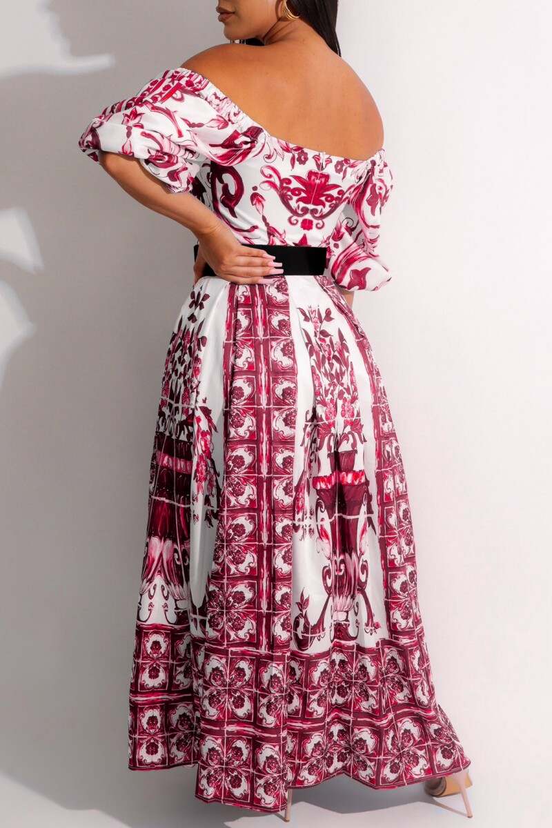 Red Casual Print Patchwork Off the Shoulder Long Dress (Without Belt)