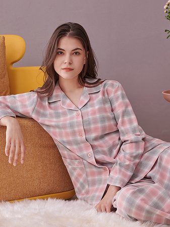 Cotton Regular Fit Casual Plaid Shawl Collar Long Sleeve Pajama Set