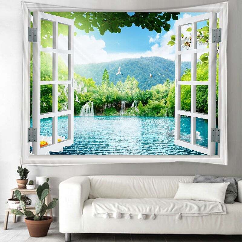 Window Landscape Wall Tapestry Art Decor Lake Rive Forest Mountain