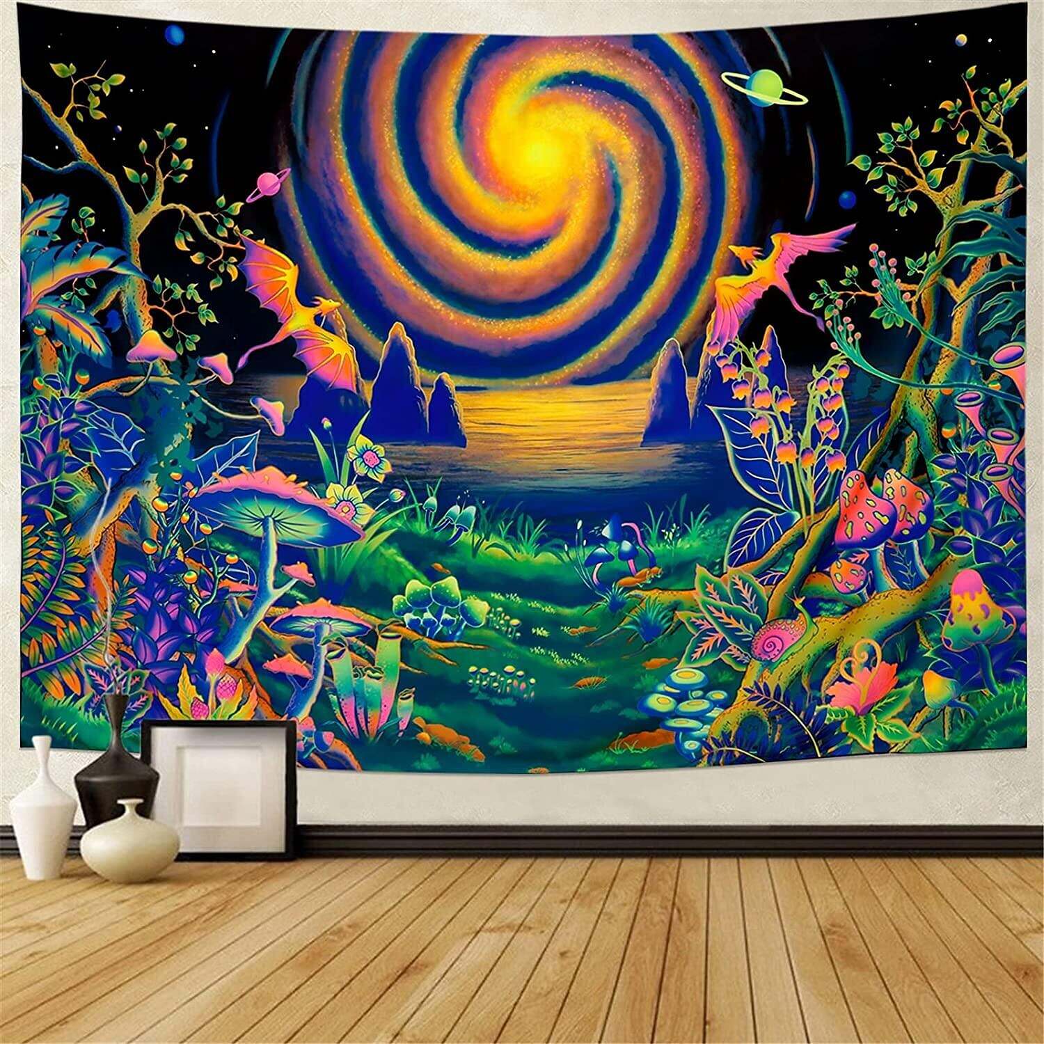 Blacklight Tapestry UV Reactive Trippy Wonderland Misty Mushroom Forest