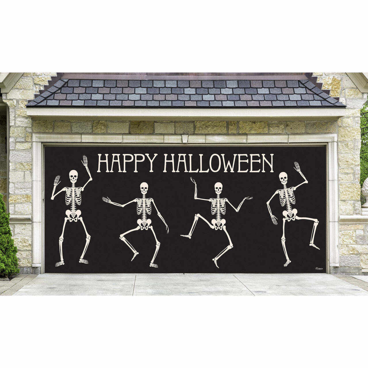 7' x 8' Ivory and Black Double Car Halloween Garage Door Banner