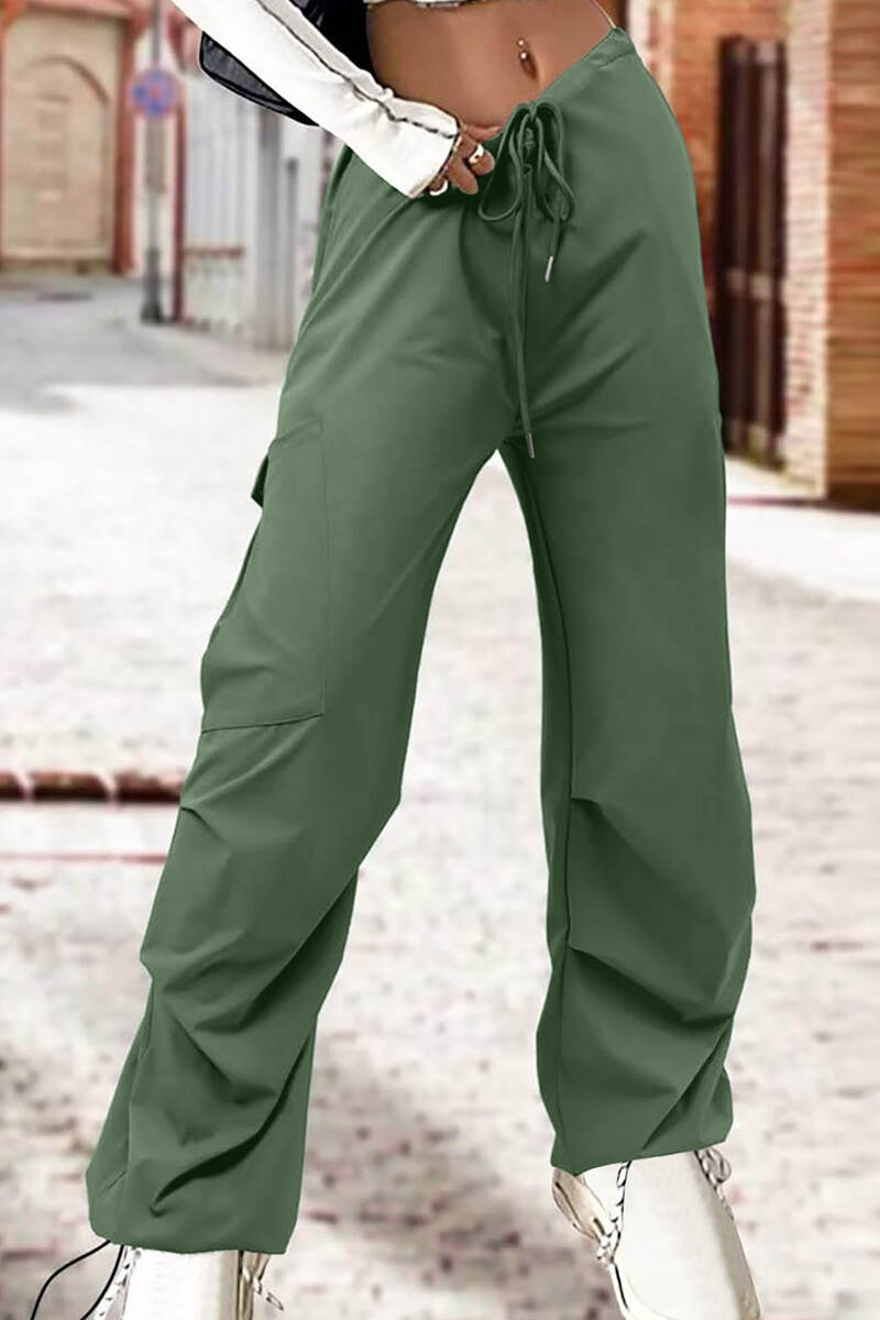 Light Green Street Solid Patchwork Draw String Pocket Straight High Waist Straight Solid Color Bottoms