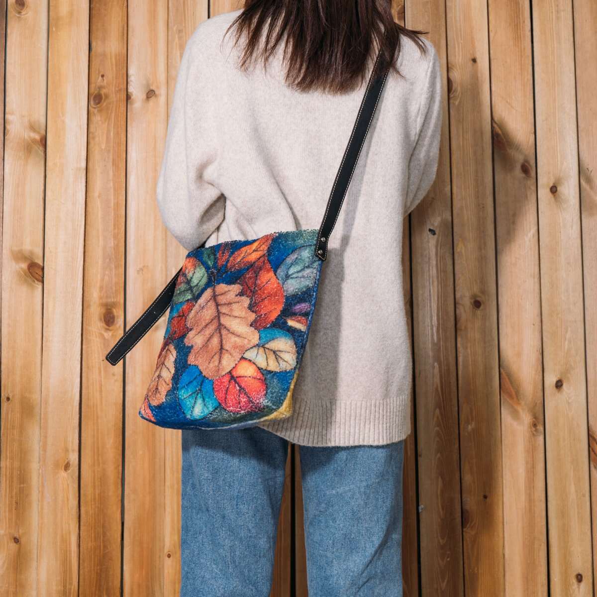 Women Colorful Leaf DIY Lamb Hair Bag Crossbody Bag