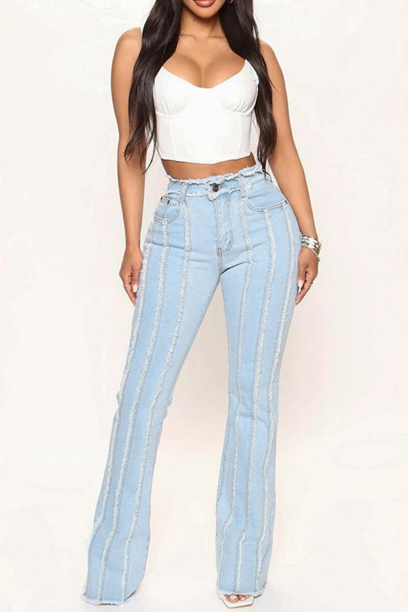 Light Blue Casual Solid Patchwork High Waist Regular Denim Jeans