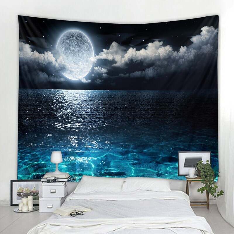 Moon Sea Sky Wall Tapestry Art Decor Landscape Full Night Ocean Cloud