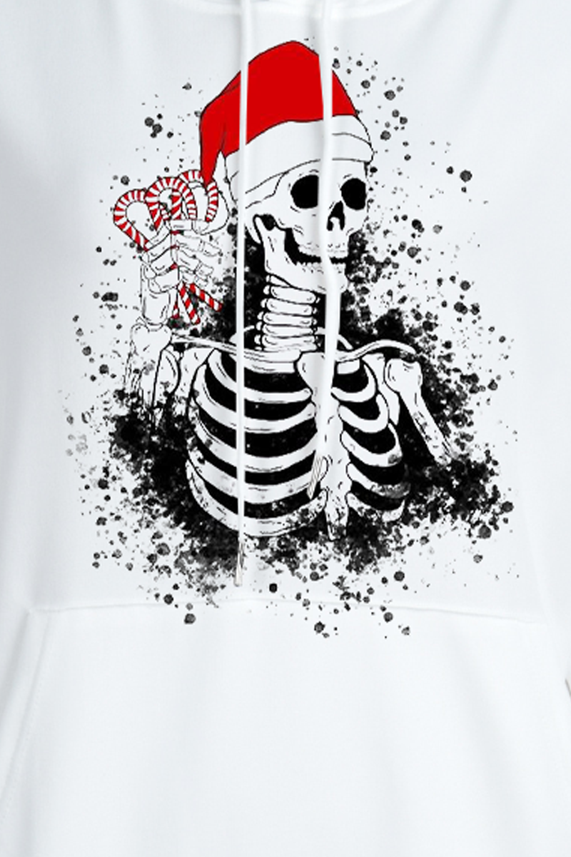 White Casual Street Print Skull Draw String Hooded Collar Tops