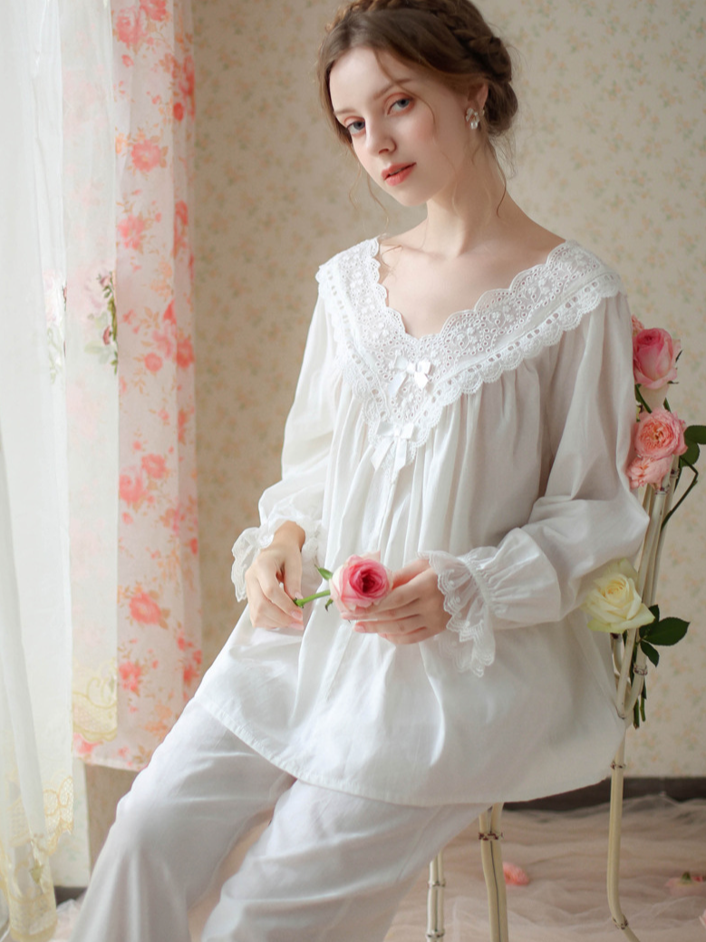 Elegant V Neck Loose Cotton Long Sleeve Pajama Set