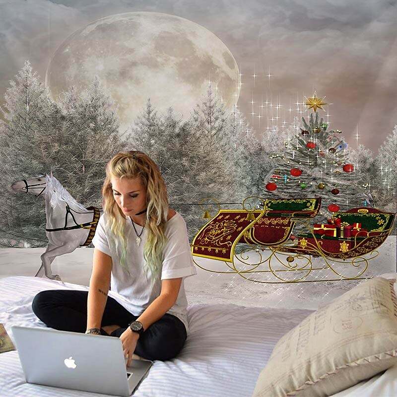 Christmas Carriage Classic Theme Wall Tapestry Art Decor for Winter Home