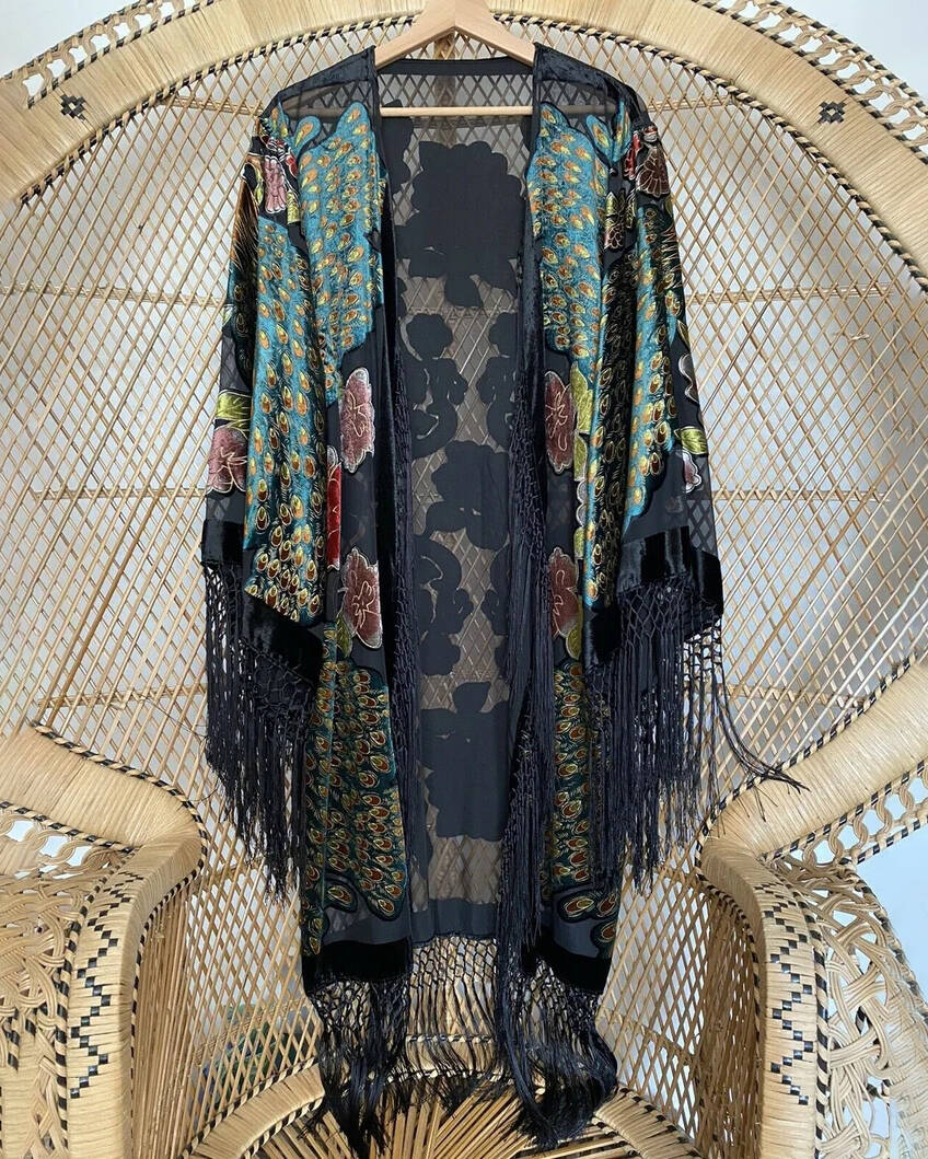 Mid-Length Kimono Fringed Velvet Cardigan Jacket