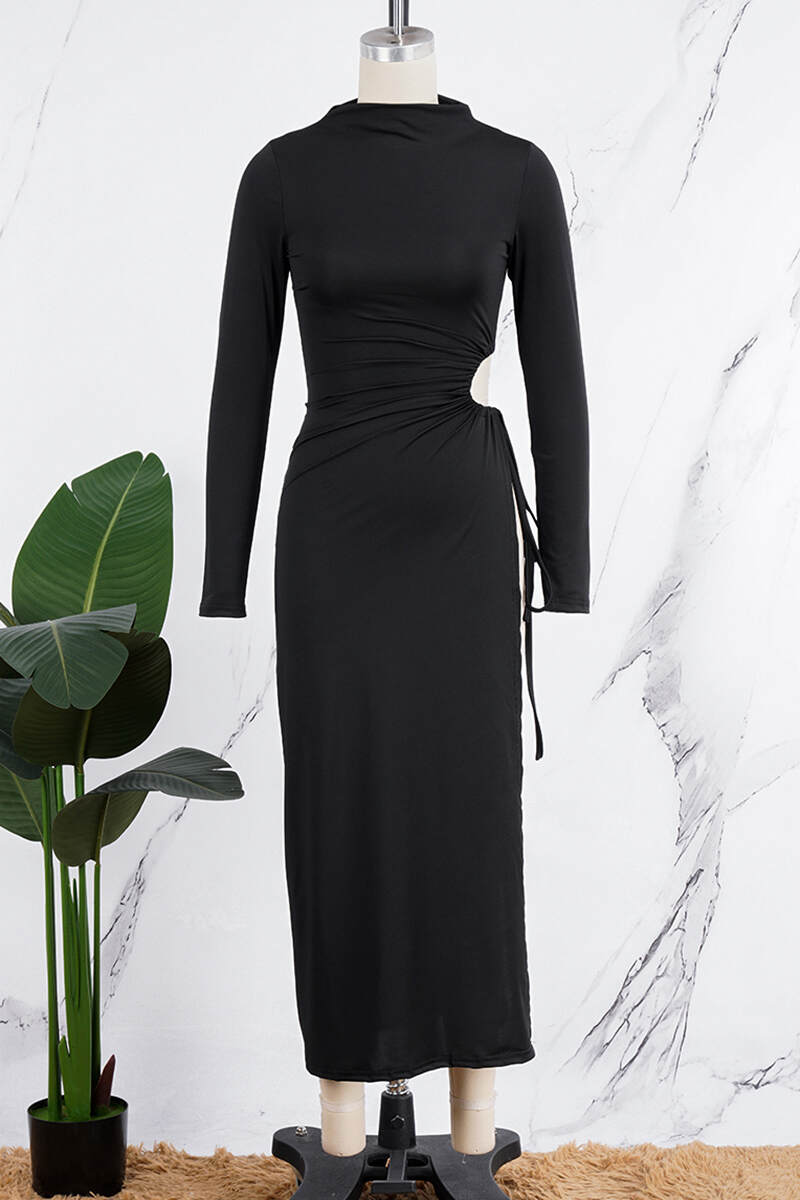 Black Sexy Elegant Solid Hollowed Out Patchwork Draw String Asymmetrical O Neck Long Sleeve Dresses