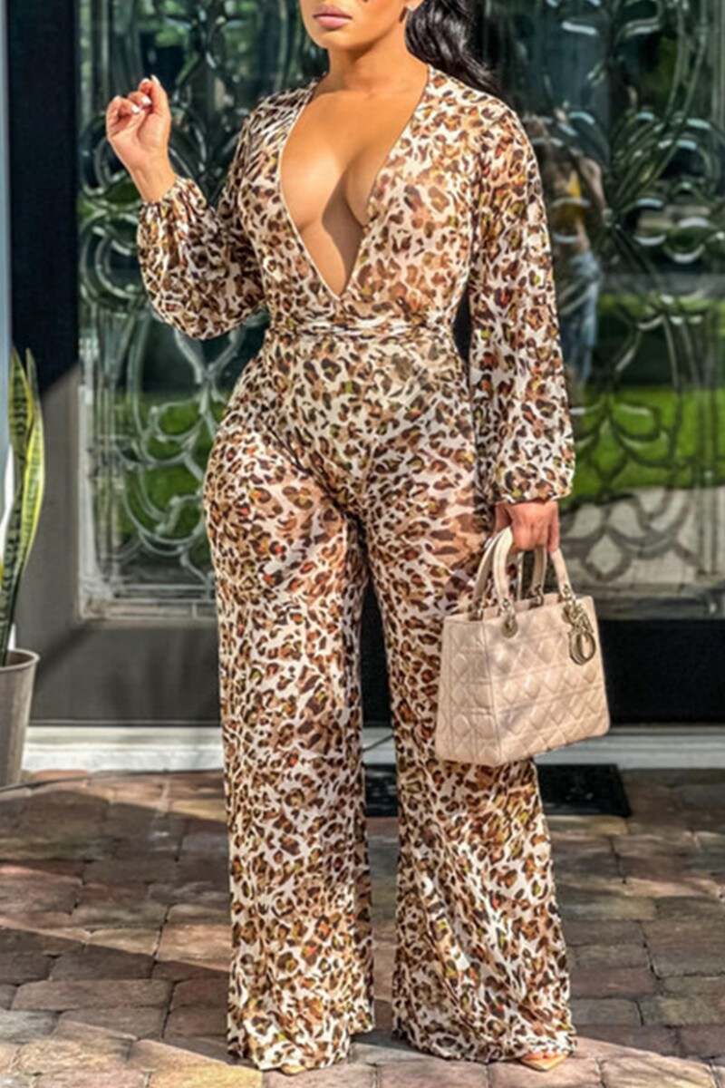 Leopard Print Casual Print Leopard Patchwork V Neck Regular Jumpsuits (Without Belt)