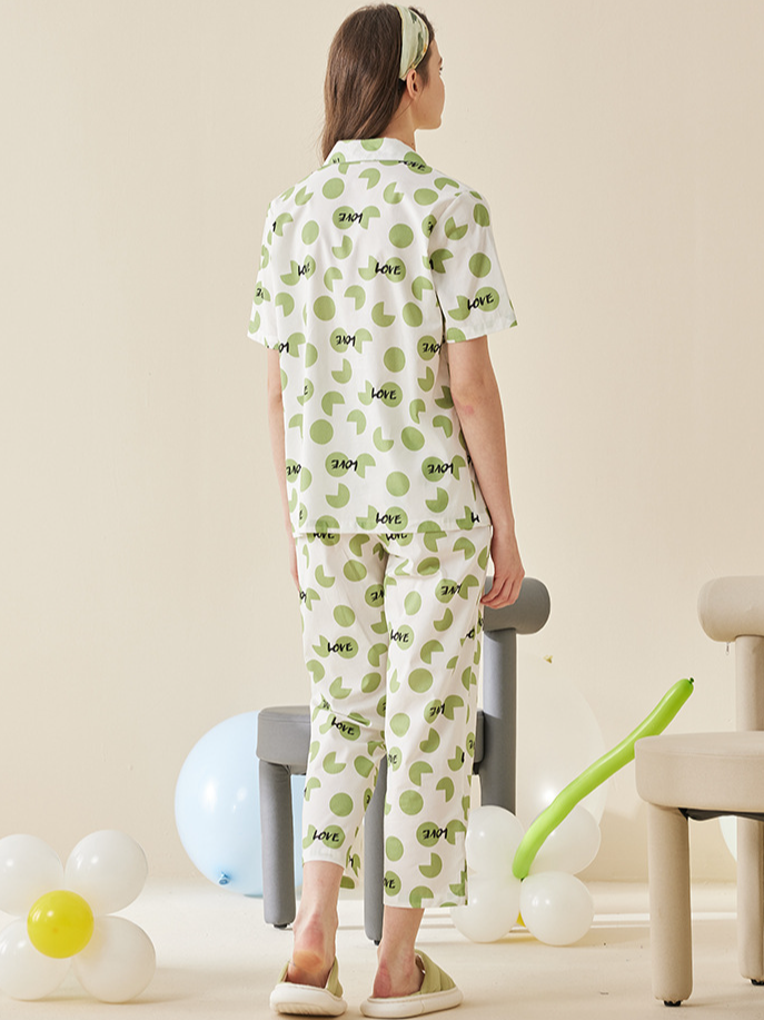 Cotton V Neck Simple Polka Dots Regular Sleeve Pajama Set