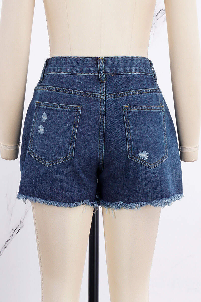 Deep Blue Casual Solid Ripped High Waist Regular Denim Shorts