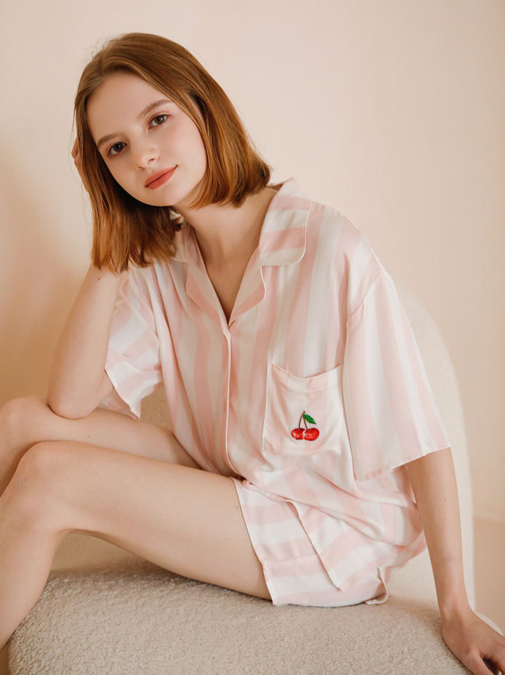 Fruit Shawl Collar Simple Loose Short Sleeve Pajama Set