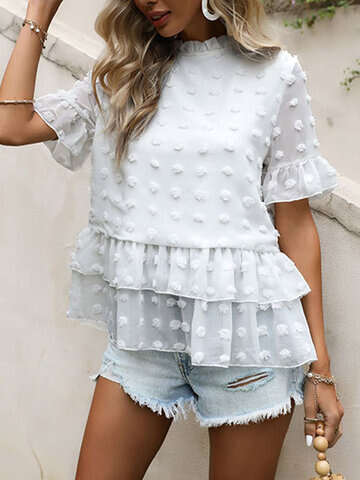 Women Blouses & Shirts | Swiss Dot Solid Ruffle Tiered Chiffon Bell Sleeve Romantic Blouse - KN24584