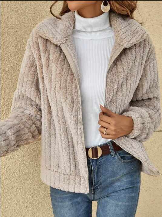 Hot Sale 49% Off- Short Jacket Lapel Zipper Winter Coat Warm Plush Fleece Zipper Casual Coat Top